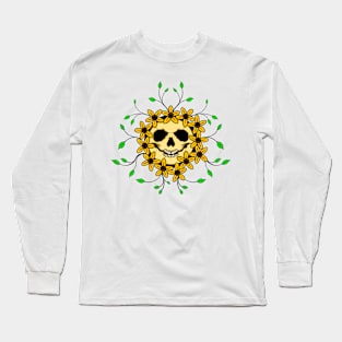 Skull with Bright Flowers and Leaves Long Sleeve T-Shirt